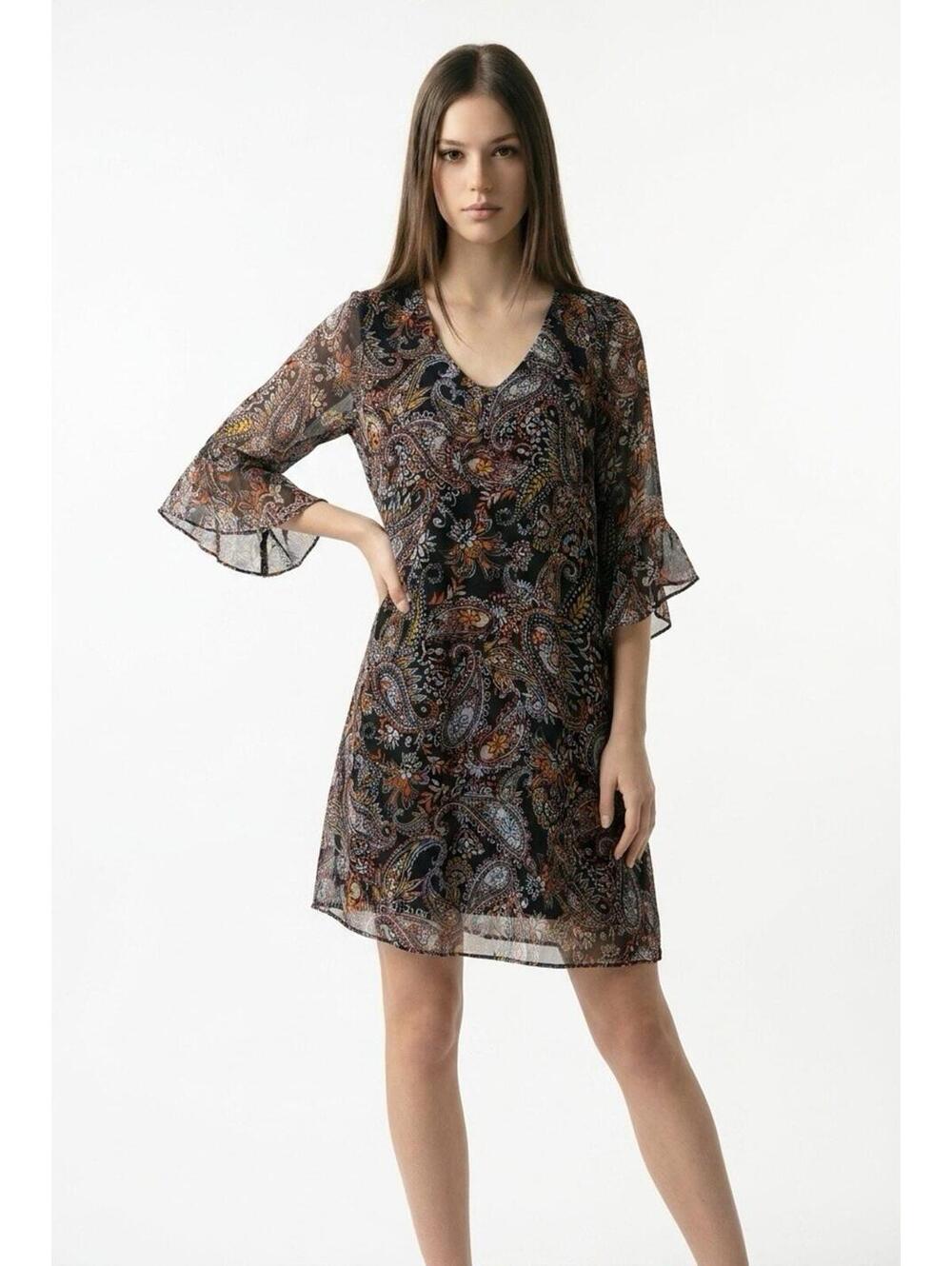 Calvin Klein Womens 10 Dress Black Paisley 3/4 Flared Semi Sheer Sleeves Lined